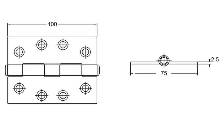 Butt Hinge 100X75X2.5mm 304 Grde S/Stl Fix Pin Button Tip